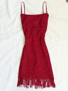 Y2K Red Sparkle knit Fringe Slip Dress with Spaghetti Straps